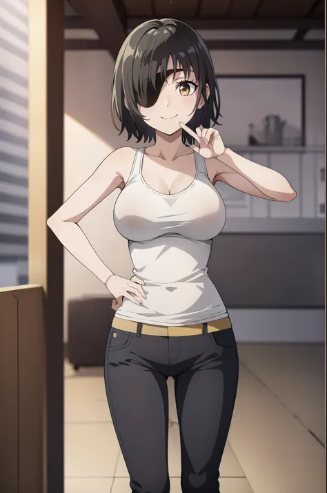 masterpiece、highest quality、high resolution、1woman、himeno、独奏、black hair、short hair、yellow eyes、white tank top、black modern stree...