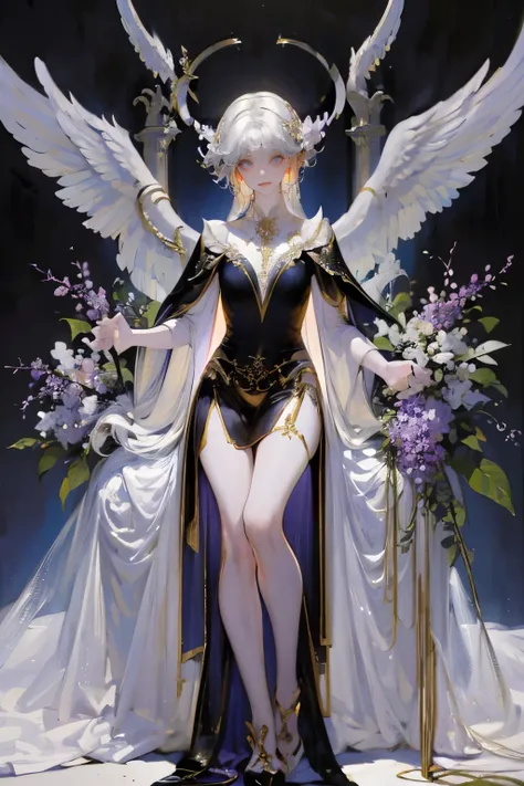 1 full-length portrait of a girl, angelicales, Angel Wings, Gorgeous long dress, Stand on both feet, (((solo))), Clear facial features, simple line design, ((Pure black background)), Tarot card design, Character portrait, ((Flat coating)), (tmasterpiece,Hi...