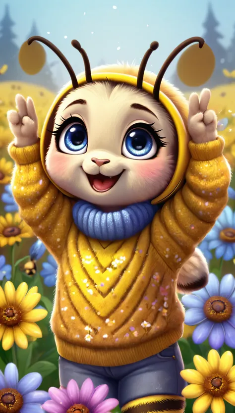 cute bee, cartoon , clothes, arms up, hands ,cute eyes, looking at viewer, dirty, flowers, straight, pollen, cold, sweater