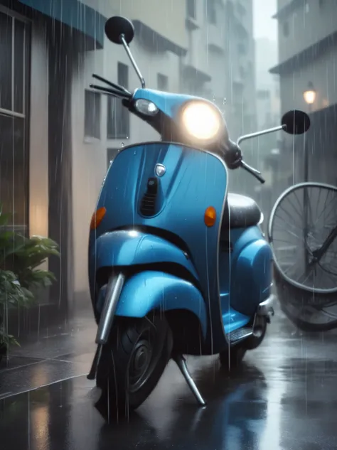 ### Image Description
A sleek blue scooter is parked in a rainy urban environment.
- **Background Environment**: The background includes a building with vertical lines, and a potted plant can be seen to the left side of the image, suggesting an urban se...