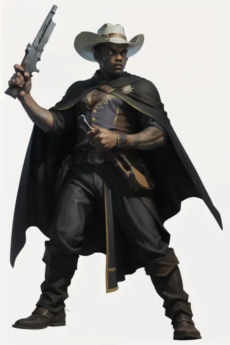 full-body image of a muscular black man, dressed as a gunslinger from the old west, standing with a confident posture and aiming...