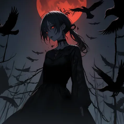 （Dark and scary atmosphere,Gothic Fashion,Dark colors）,（Highest quality，Super exquisite item）,Very sexy vampire girl,A large number of red spider lilies in full bloom on a red full moon night,Beautiful and delicate eyes,Beautiful black straight ponytail,Cr...