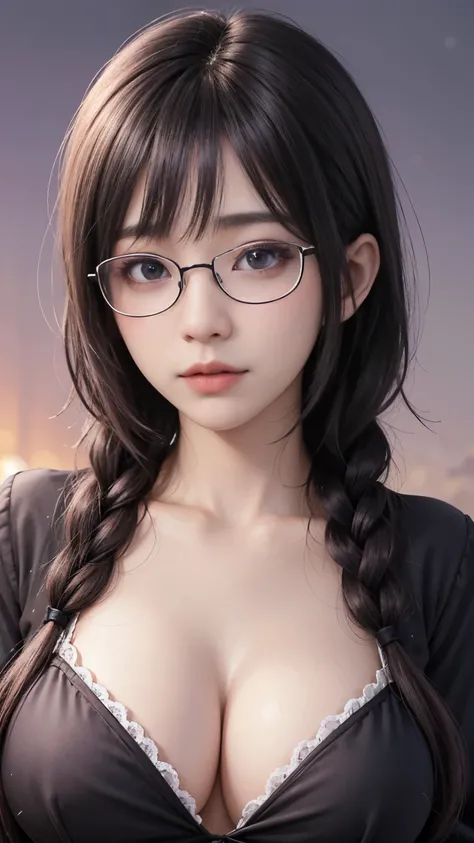 background（Black Night Sky，Big Moon），Close-up of a woman，Wearing a white shirt、Purple Hair，Very short hair，very thick braids,(((Glasses、Big Breasts))),Purple eyes，big ， realistic girl rendering, 8k artistic german bokeh, Enchanting girl, Real Girl, Gurwitz...