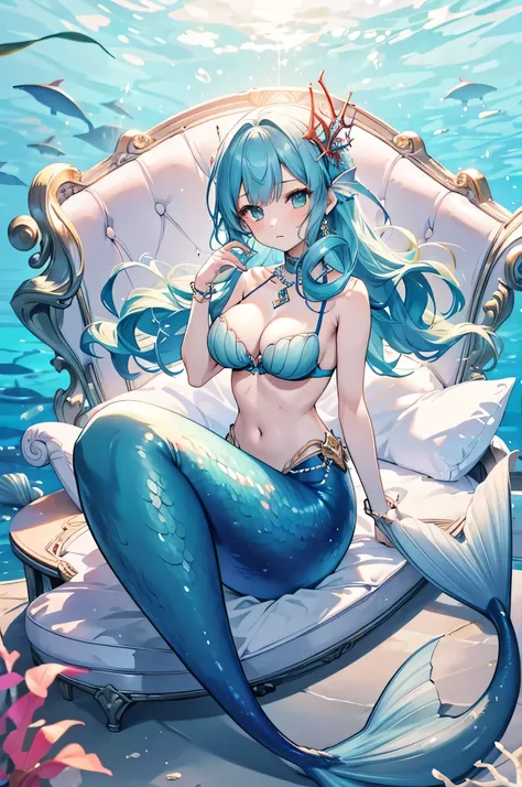 4K,High resolution,One Woman,mermaid,Blue Hair,long hair,Braid,Big Breasts,Siren,Seashell Bra,Playing Herb,Jewelry decoration,Pearl decoration,In the sea,seabed