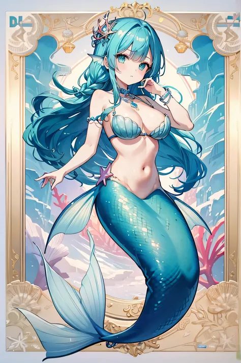 4K,High resolution,One Woman,mermaid,Blue Hair,long hair,Braid,Big Breasts,Siren,Seashell Bra,Playing Herb,Jewelry decoration,Pearl decoration,In the sea,seabed