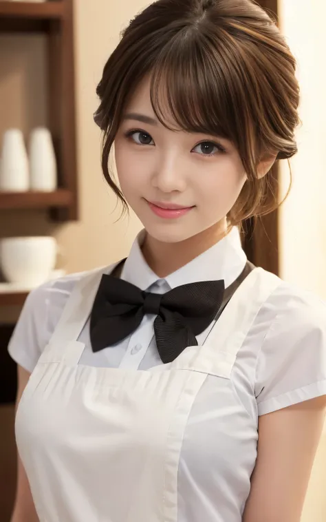 Cute 2 Japanese、apron、Black bow tie、Waiter、Cafe、Highly detailed face、Attention to detail、double eyelid、Beautiful thin nose、Sharp focus:1.2、beauty:1.4、(Light brown hair、short hair、)、Pure white skin、Highest quality、masterpiece、Ultra-high resolution、(Realisti...