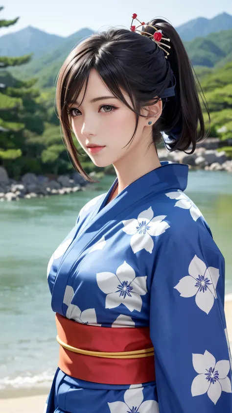 {Top Quality, Masterpiece}, (Realistic: 1.3), Wallpapers, ultra high res, ultra high quality, BREAK {{{FF7, Tifa_lockhart, solo}}},(ponytail), Ultra-detailed face, Detailed eyes, Red eyes, (black brown hair, Large breasts: 1.0), (she is wearing a beautiful...