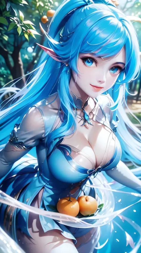 Style-SylvaMagic, award winning character concept art of a beautiful dryad sitting against a citrus tree, in a beautiful orange citrus grove, citrus fruit in trees, amazing body, smiling, happy, laughing, jubilant, light blue hair, golden horns, beautiful ...