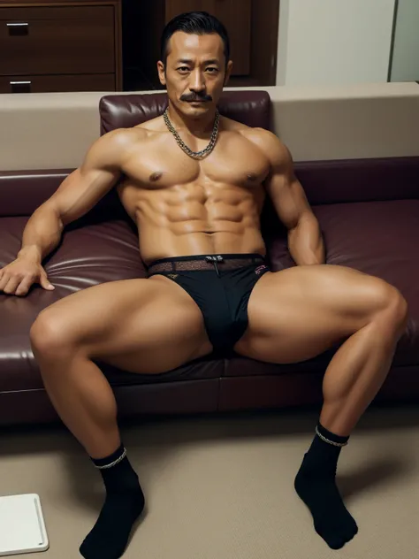 40 years old，Hidetoshi Nakata，（Kogoro Mori 1.3），whole body，Body，rope，tie，Lying down，Chain，entangle，struggle，Painful expressions，Dog leash，Legs open，Lean，muscle，Suit，office，black，sock，Thick body hair，Lace，underwear，Topless，Fortitude，HD，With a mustache