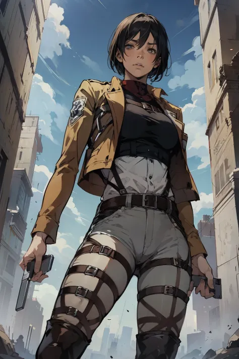 score_9, score_8_up, score_7_up,1 girl,minomi, anime style,solo,mikasa ackerman, shingeki no kyojin city background,shingeki no kyojin wall background, shingeki no kyojin unmilitary uniform, holding 2 shingeki no kyojin swods,shingeki no kyojin titans back...