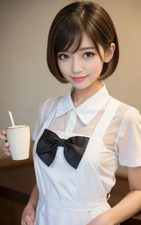 Cute 2 Japanese、apron、Black bow tie、Waiter、Cafe、Highly detailed face、Attention to detail、double eyelid、Beautiful thin nose、Sharp focus:1.2、beauty:1.4、(Light brown hair、short hair、)、Pure white skin、Highest quality、masterpiece、Ultra-high resolution、(Realisti...