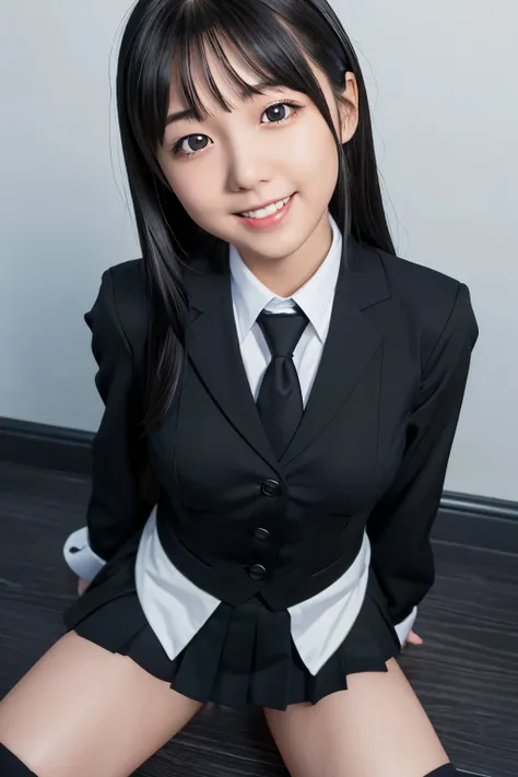 photorealistic, masterpiece, high resolution, detailed, (1 girl, rika shiraki, platinum black hair, smile, open mouth, bible black school uniform, tilted head, spreading legs, presenting herself, very small pantie visible),