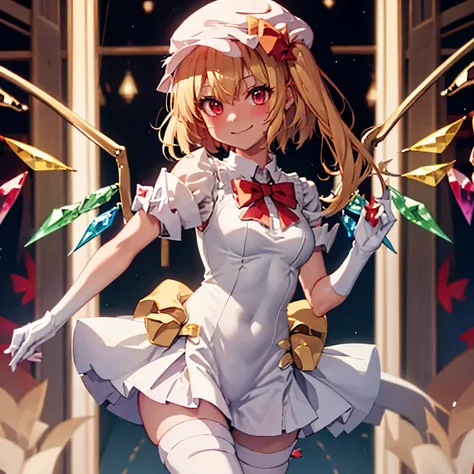 flandre_scarlet_touhou, blonde_hair, wings, red_eyes, crystal, bangs, ribbon, bow, blush, smile, vest, hair_between_eyes, red_bow, red_ribbon, hat_ribbon, short_hair, aether foundation employee, white clothes, pouch, thigh boots, gloves, white pantyhose,s ...