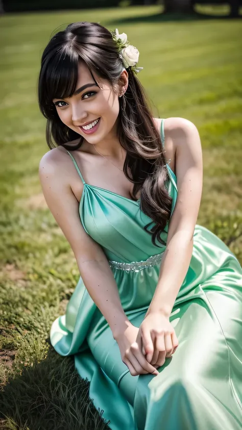 Realistic photo of the upper body of a 23-years old Black haired flower girl with long hair, Laugh. She dances in front of the camera in a long A-line dress with straps made of shiny light green satin..., Park,Glamour photoshoot under the skirt, Wedding ce...