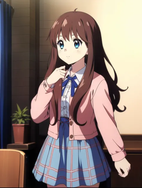 Ai shindou, 1girl, solo, long hair, floating hair, blue skirt, blue uniform, brown hair,  long sleeves, blue sea eyes, plaid, nose cover, nose cover with hand, plaid skirt, ribbon, cowboy Shot,
home in the room,
masterpiece, high quality, very_high_resolut...