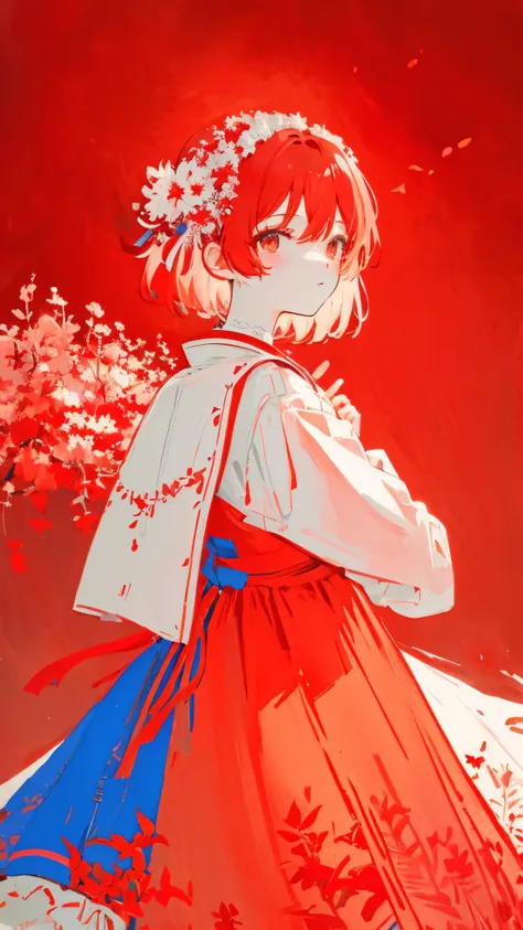 teacher、limited palette、colourfull、landscapes、woman in wedding dress、the woods、natta、red flowers、red leaves、detailed background、...