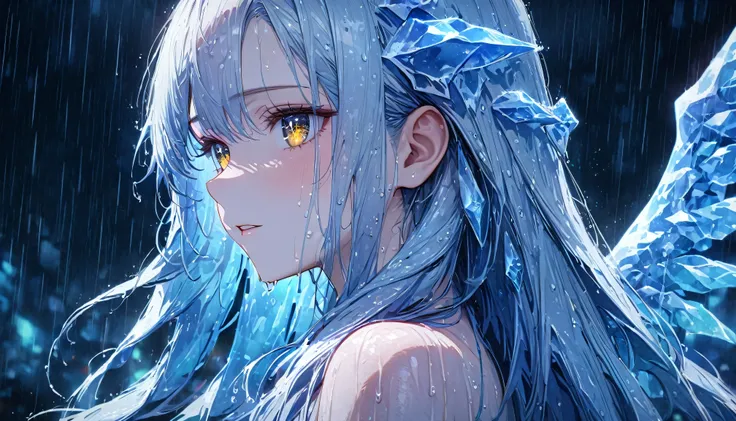 Beautiful woman as ice, Beautiful woman, Detailed wings made of ice, Wet with rain, Long Hair, Rain background, Highest quality, masterpiece, UHD, UHD, UHD, Sparkling Eyes, Upper Body, close-up, textured skin, high details, 8k, parted lips, from side