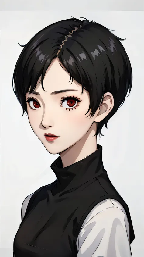 1 girl, very Short hair, black hair,tomboy Pixie haircut, red eyes, black lipstick, black choker, face portrait, t-shirt , front face, white background, front face