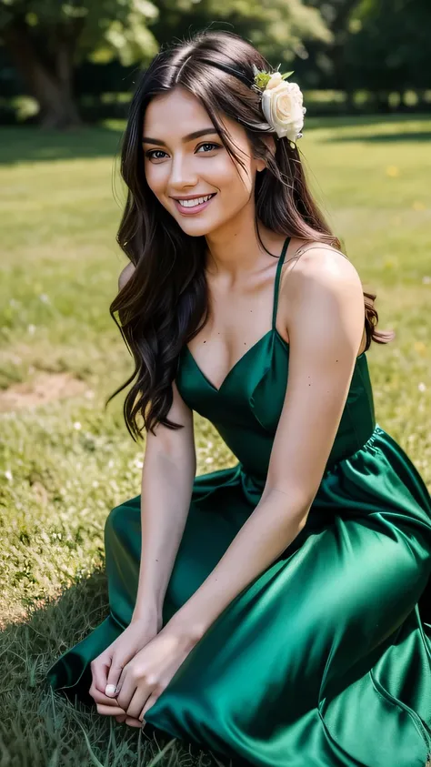 Realistic photo of the upper body of a 23-years old black haired flower girl with long hair, Laugh. She dances in front of the camera in a long Etui-dress with straps made of shiny dark green satin..., Park,Glamour photoshoot under the skirt, Wedding celeb...