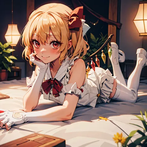 flandre_scarlet_touhou, blonde_hair, wings, red_eyes, crystal, bangs, ribbon, bow, blush, smile, vest, hair_between_eyes, red_bo...