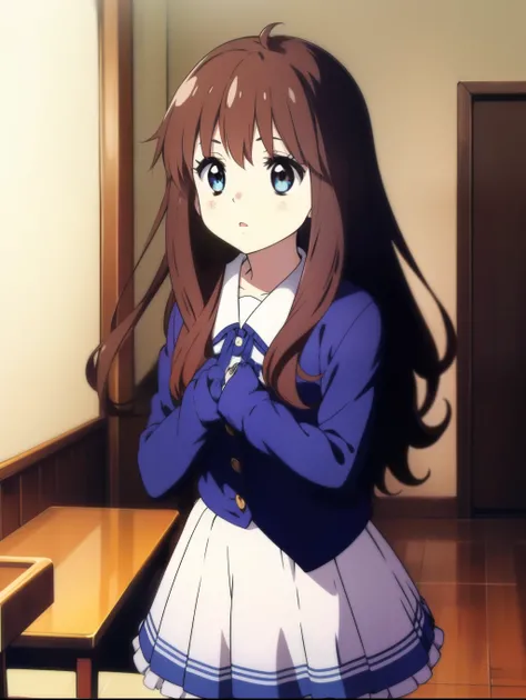 Ai shindou, 1girl, solo, long hair, floating hair, blue skirt, blue uniform, brown hair,  long sleeves, blue sea eyes, plaid, cover mouth and nose, cover mouth  and nose with both hands, plaid skirt, ribbon, cowboy Shot,
home in the room,
masterpiece, high...