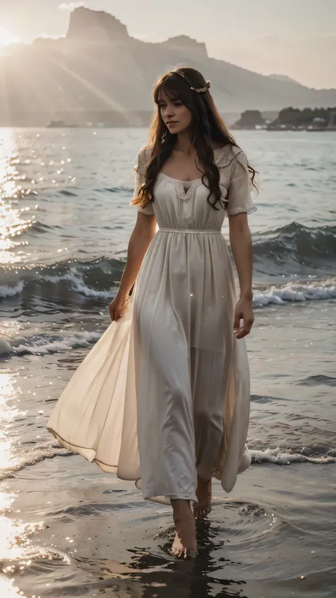 Beautiful stylishly dressed elderly woman walks on water, she looks at the water beneath her feet, She has very long, light brown, curly hair, and is wearing a beige and pink long ball gown with beautiful embroidery. Shes wearing a long wedding dress. Neat...