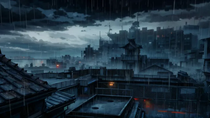 Anime artstyle, wearing a black hood, standing on top ofa roof,back facing the viewer, raining,cloudy,dark clouds, gritty,fog,misty village