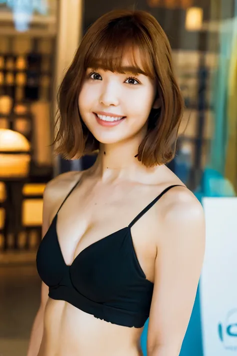 Cute Woman、Ginger Hair、With bangs、short hair、smile、ArmsWideOpen、Big Breasts、Slim body、Black micro bikini、Standing in front of a shop window、In front of the fashion building