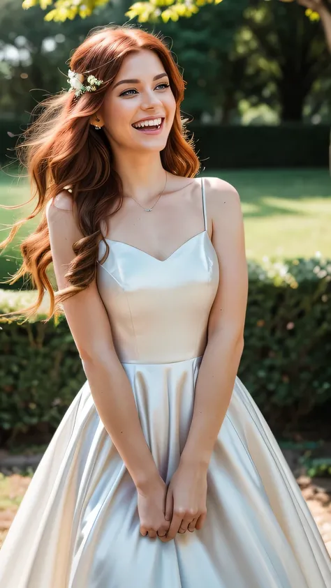 Realistic photo of the upper body of a 23-years old red haired flower girl with long hair, Laugh. She dances in front of the camera in a long A-line dress with straps made of shiny black satin..., Park,Glamour photoshoot under the skirt, Wedding celebratio...