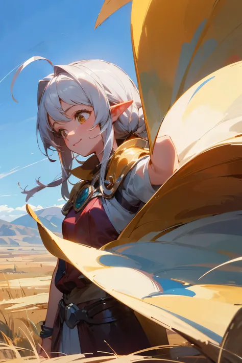 ((Highest quality)), ((high resolution)),((masterpiece)),((Fantasy)),((Western style)),((There is a sense of perspective)),((Distant View)),(detailed), One Elven Girl,Small breasts,Silvery white medium length hair,Small ahoge,Golden bracelet,Brown eyes,kin...