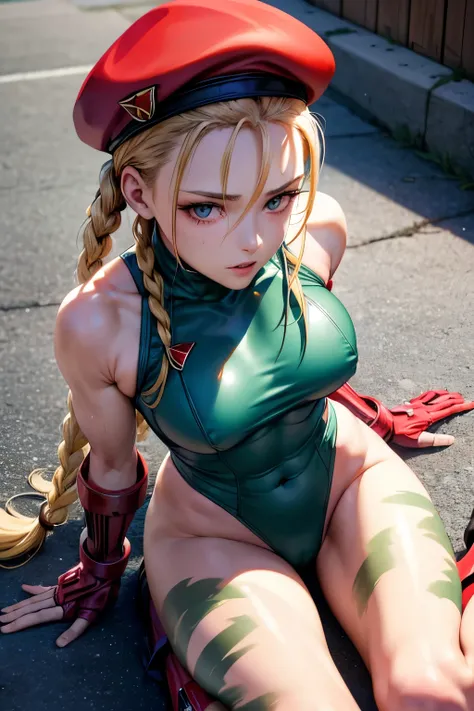 (8k, real person, ultra realistic, raw photo, masterpiece, extremely detailed, best quality, professional lighting, high res), close up model, BREAK beautiful and adorable girl, BREAK cammy white, twin braids, long hair, blonde hair, antenna hair, beret, (...