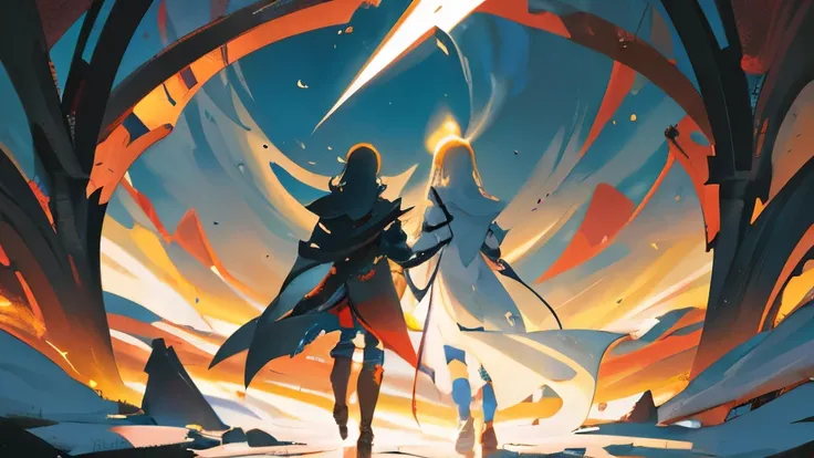 Create a highly detailed album cover depicting two heroes standing back-to-back, symbolizing the contrast between true heroism and deceit. The true hero on the left should be dressed in radiant white armor, with a calm and determined expression. A beam of ...