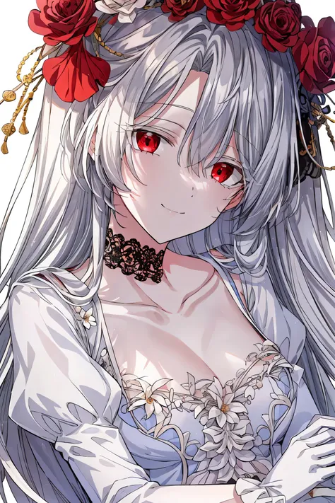 shoujo-style, jk style, (floral background), romance manhwa, (1 girl), (aligned), dominant smile, full body dress, white hair, solo, very long hair, flower, dress, wedding dress, white dress, gloves, long sleeves, choker, red eyes, mascara, makeup, black f...