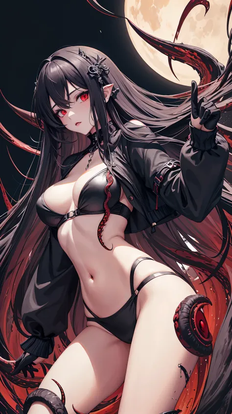 masterpiece, best quality, in winter, night, 4 But, girl, very long hair, There is blood on the face, big breasts, Gothic_Changeta, Change, sadomasochism, wall, zombified，Zombie Change and tentacles fuse，Zombie Queen，Black tentacles，Tentacles and legs，hot ...