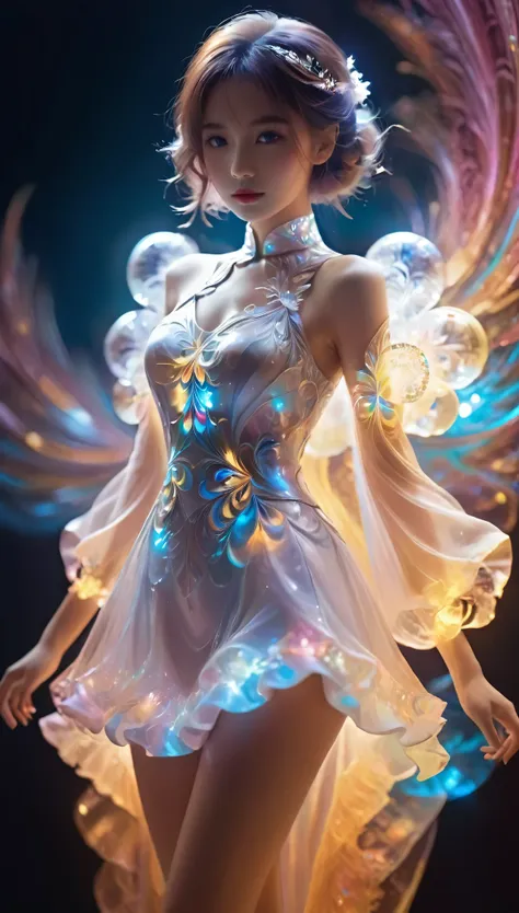 a mysterious beautiful girl wearing a colorful, sparkling dress