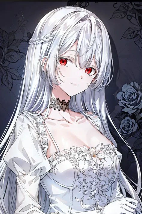 shoujo-style, jk style, (floral background), romance manhwa, (1 girl), (aligned), dominant smile, full body dress, white hair, s...