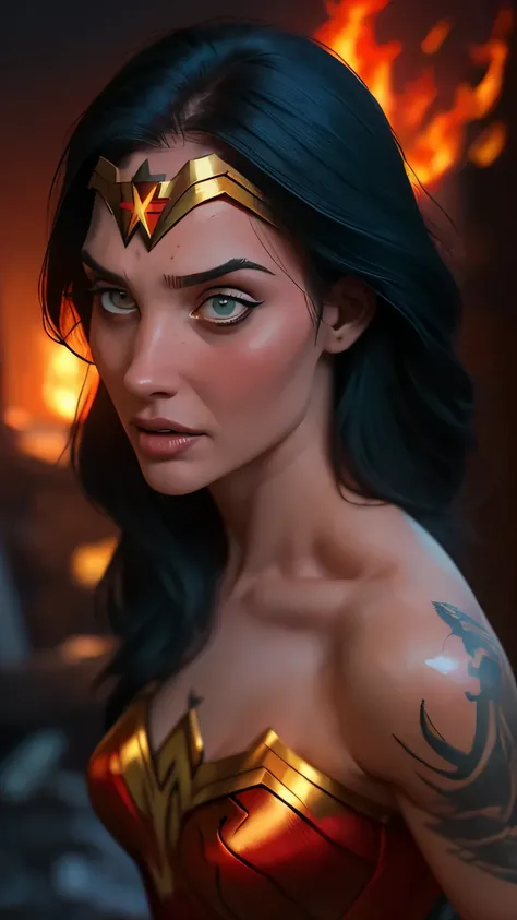 Sexy hot young girl, (( cosplay of Wonder woman in fight pose)), sexy, ((Full tattooed arm)). portrait raw photography ,hyper realistic , (((detailed face, wflame face))), intricate, realistic skin texture, Hot body, athletic body, Brazilian girl, tattooed...