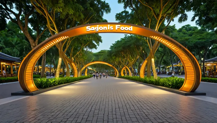 entrance gate to the dining area combined with saigon riverside park combined food street, low prefabricated buildings with extr...