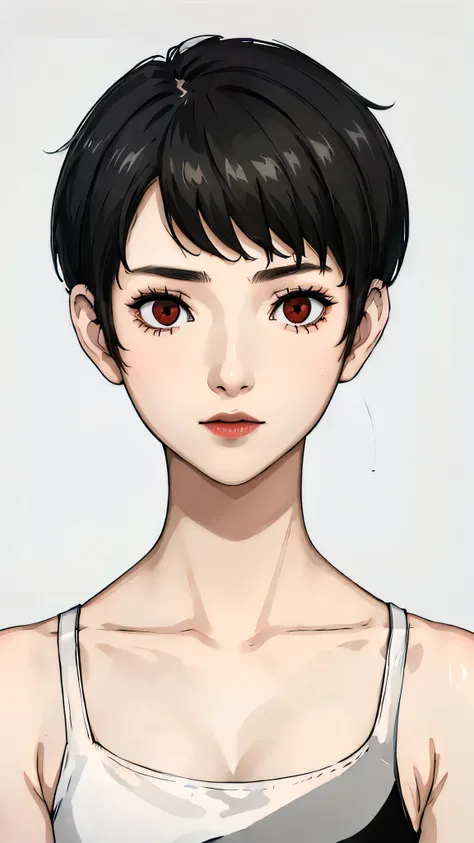 1 girl, very Short hair, tomboy Pixie haircut, bangs,black hair, red eyes, black lipstick, black choker, face portrait, tank top , front face, white background, front face, face portrait, front face portrait, front face helper