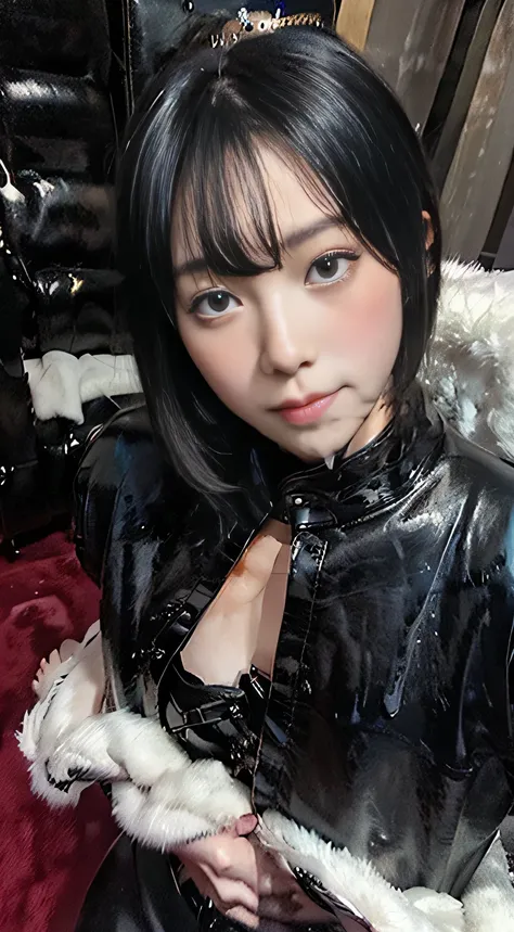 (princess carry:1.5), (masterpiece), (cowboy shot), A realistic photograph of (2 women), she has very short bowl cut hair, she is wearing  (luxury black horsehide pants) and (luxury black horsehide jacket), (the woman is satisfied), dark theme,  (looking a...