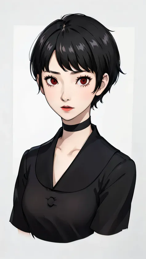 1 girl, very Short hair, tomboy Pixie haircut, bangs,black hair, red eyes, black lipstick, black choker, face portrait, schooluniform , front face, white background, front face, face portrait, front face portrait, front face helper