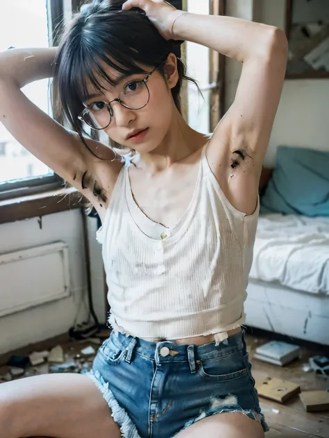 raw photo, 8k, (top-quality), Realistic, (real picture, Intricate details), (natural skin texture, detailed skin, hyper realism, sharpness), Japanese teenage glasses girl sitting, (hands behind head, armpits exposed), ((dirty tattered white tank-top, dirty...