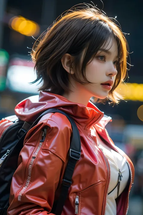 (front view:1.4), close-up portrait, (1girl:1.5), , solo, spacesuit, bangs, brown(short hair:1.2), bag, blurry_background, purple neon light, backpack, zipper, bra, big breast 