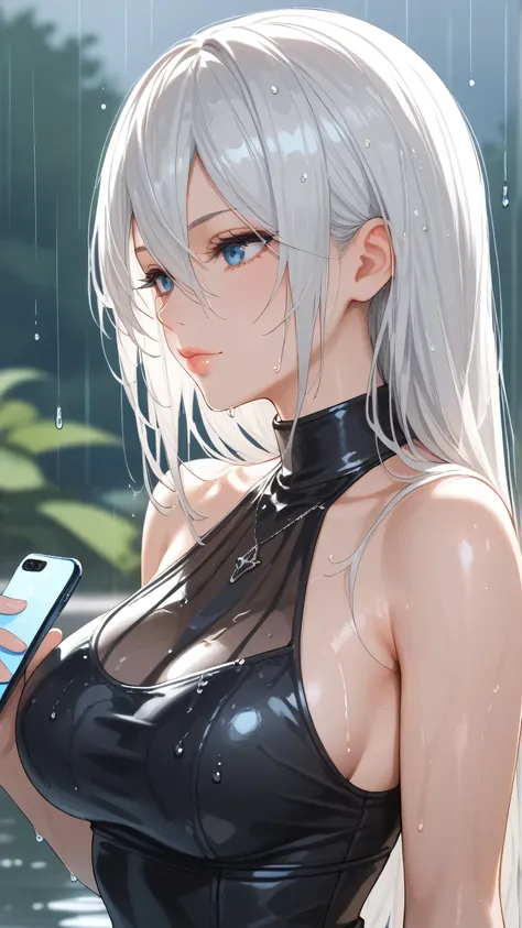 score_9, score_8_up, score_7_up, 1girl, solo, breasts, long hair, dress, blue eyes,bare shoulders, medium breasts, closed mouth, upper body, white hair, sleeveless, mole, blurry, black dress, lips, wet, depth of field, blurry background, turtleneck, phone,...