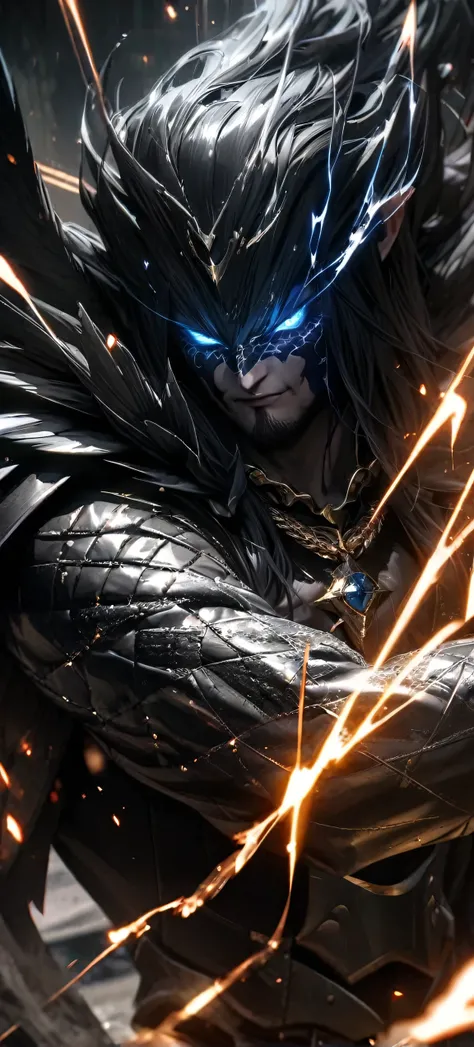  High quality, ultra realistic,absurdres, highres, ultra detailed, HDR, masterpiece, extremely detailed face and eyes,  Sagitarius Seiya, Saint Saiya , Dark Armor, solo, ,man, handsome, beard ,white eyeleshes, black eyes , villain expresion, black splashin...