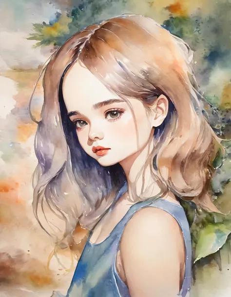 Super detailed, top quality, high resolution, 1 cute girl vintage watercolor painting, portrait sketch, loose ink sketch drawn in watercolor. realistic, illustration, cute, lofi girl, Chill Out, short and soft hair, long eyelashes, downcast eyes, 80 degree...