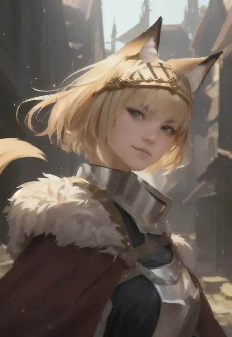 A young female warrior with a serene expression, short blonde hair, and golden eyes is depicted in this image. She is adorned with distinctive fox ears and a headband-like accessory. She is dressed in a medieval-style outfit with a fur-lined cloak, armor, ...