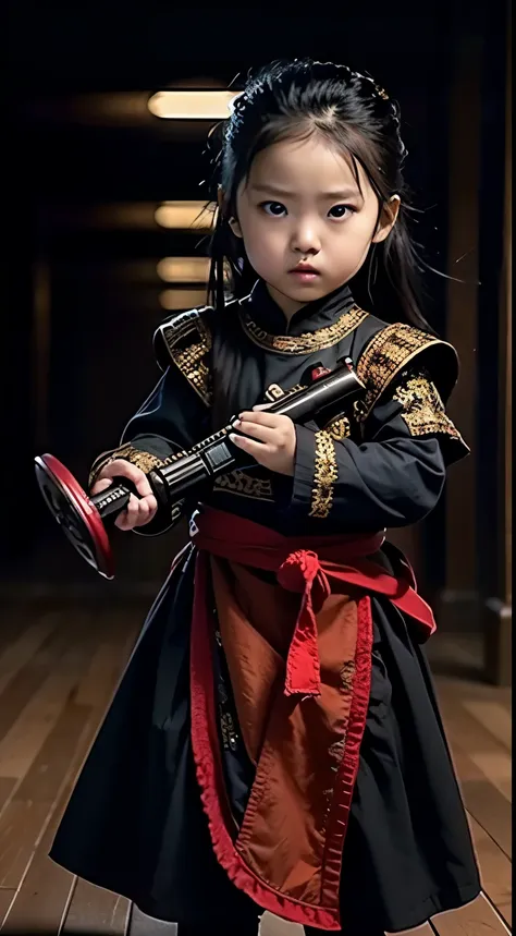 masterpiece, best quality, Reality ,1 baby boy, 5 months old, Holding a red tasseled gun, Wearing black clothing，Full body portrait，RAW photos，main body，8K  UHD，SLR，Soft lighting，high quality，中Vision，Vision