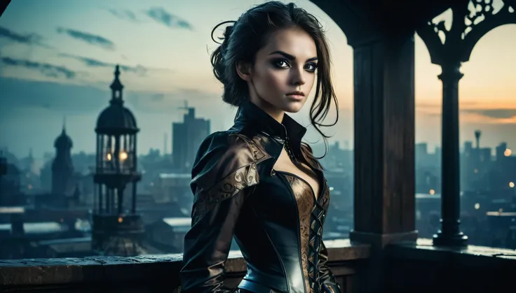 Top Quality, Masterpiece, High Resolution, 8k, (((cute skinny barely legal vampire hunter girl in revealing silk blouse with patterned leather corset, wide cleavage, deep neckline, and latex leggings, small perky breasts, beautiful detailed eyes, beautiful...