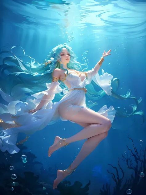 flowing teal and green hair, white sheer flowing dress, gold bracelet, relaxed pose, floating underwater, arm reaching out, looking towards the surface, smooth skin, vibrant underwater scene with fish, coral, and bubbles, bright overhead lighting, serene a...